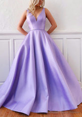 Ball Gown V Neck Sleeveless Satin Sweep Train Prom Dresses